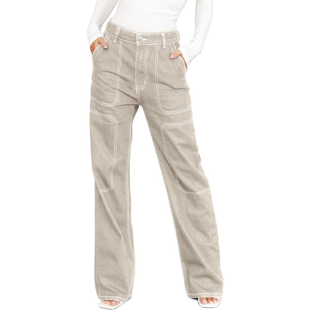 Women's Cargo Jeans Cotton Elastane Mid Waist Wide Leg Pockets Casual